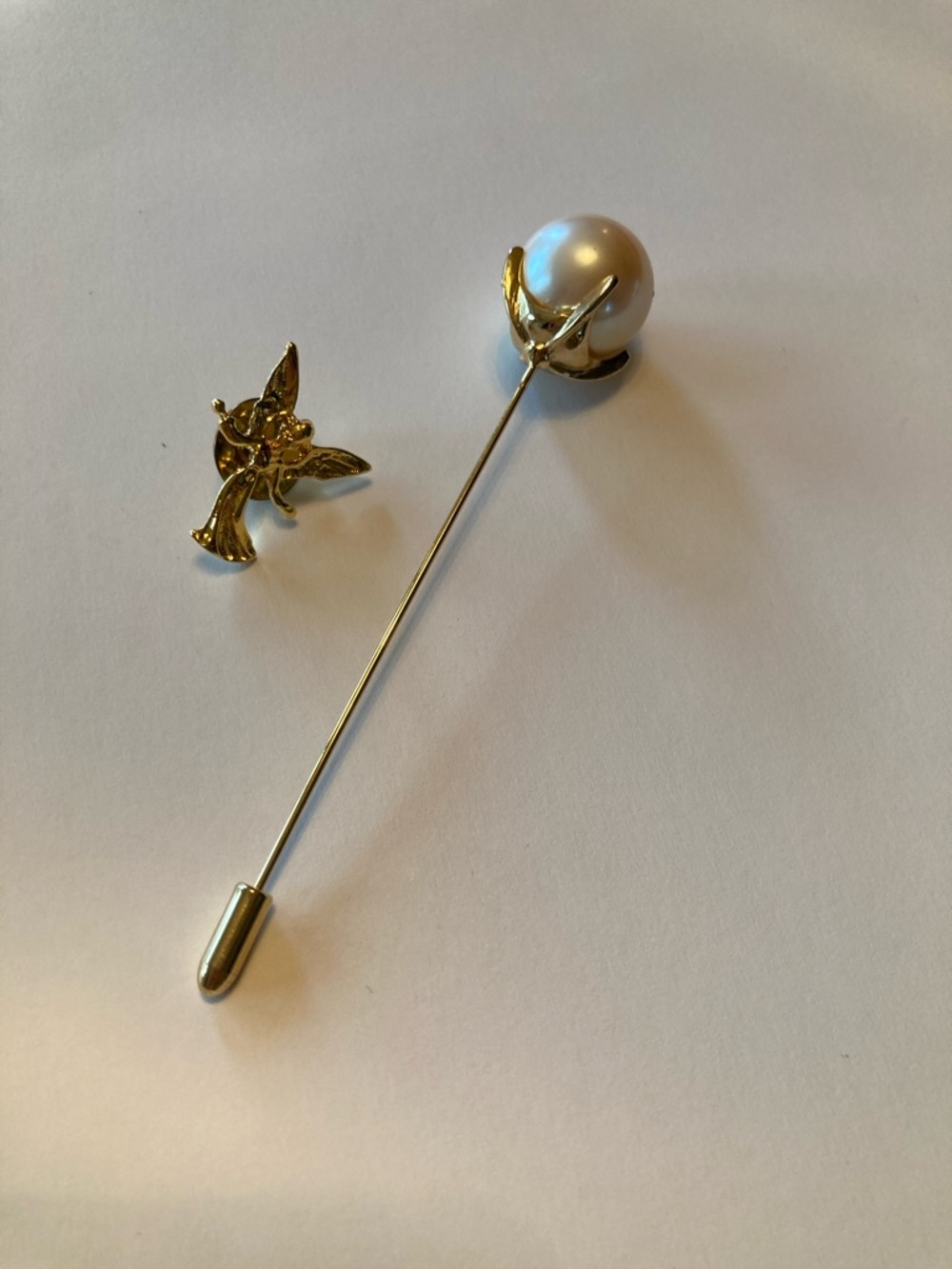 Gold Tone Stick Pin with Large Faux Pearl and Angel Pin